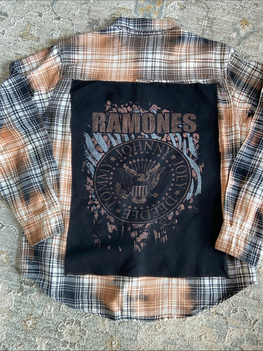 Handcrafted Distressed Flannel and Graphic Tee featuring Ramones